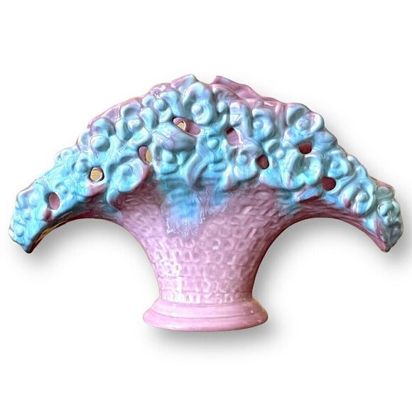 Royal Haeger Fan Vase Pink Blue Flower Basket Planter Vintage 1940s R386 USA - Picture 2 of 14